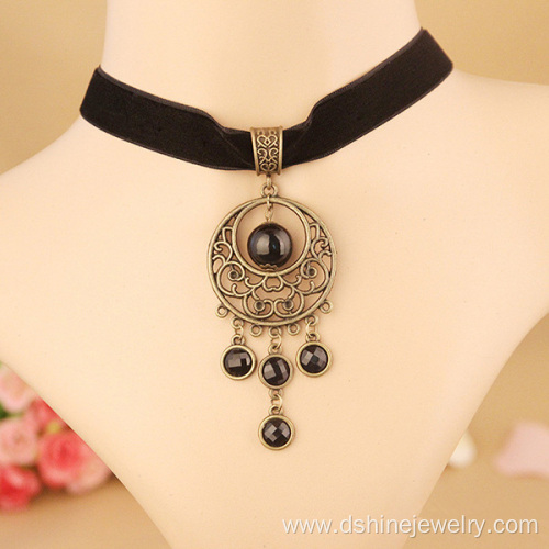 Black Velvet Neck Choker With Black Stone Pendant Necklace